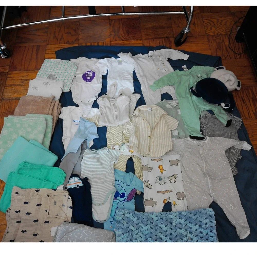 0-9m Baby Clothing Lot Kids Mixed Sizes Blue White Safari Animal 20pc+